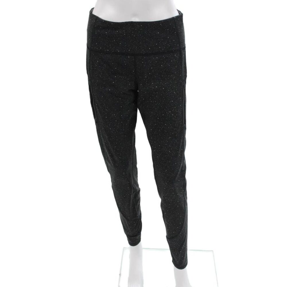 Athleta Women Black Ankle Jogger Leggings Stars Zip Polyester Lycra Size L